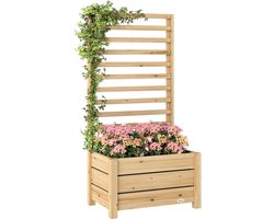 Verhoogde plantenbak met klimrek, houten verhoogde bloembak met latwerk, afwateringsgat, vliesdoek, 60 x 39 x 120 cm, natuurlijk hout