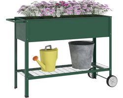 Verhoogde plantenbak op wielen - Metalen kruidenbak met plank voor tuin en balkon - Grijs 109 x 44 x 80 cm