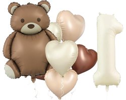 Verjaardagsdecoratie voor 1-jarige jongen met beren en hartvormige folieballonnen, 8 stuks, feestversiering voor jongens en meisjes, eerste verjaardag