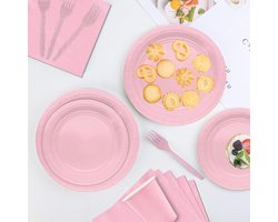 Verjaardagsfeest Tafelset 69-delig in Roze, Papieren Borden, Bekers, Servetten en Tafelkleed voor Feestjes, Barbecues en Picknicks (16 Gasten)