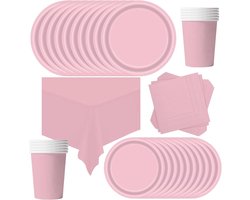 Verjaardagsfeest Tafelset 69-delig in Roze, Papieren Borden, Bekers, Servetten en Tafellaken voor Feestjes, Barbecues en Picknicks (16 Gasten)
