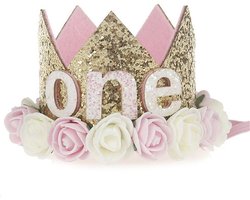 Verjaardagskroon 1 jaar - ONE - Verjaardagshoed 1e Verjaardag - Thema: Roosjes - Feesthoedje baby - Kroon Kindje –