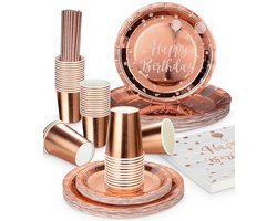 Verjaardagsservies 125 Delen - Roze Gouden Disposable - Borden & Bekers Happy Birthday