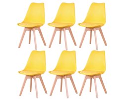 Verkoop Nederland® - Een Set Van 6 - Nordic Middeleeuwse Eetkamerstoelen - Pu Gewatteerde Stoel - Beukenhouten Poten - Bureaustoelen - Slaapkamer - Balkon - Restaurant - Geel - 120Kg max - 82x47 cm