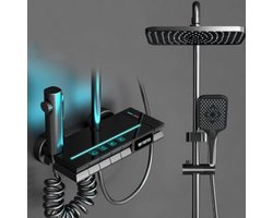 Verkoop Nederland® - Led Licht - Badkamer - Douchesysteem - Douchekop - Set - Messing - Spiegel - Thermostatische Badkraan - Digitaal Display - Warm & Koude Douches - Zwart - 3 in 1