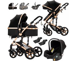 Verkoop Nederland® - Multifunctionele Buggy 3in1 - Met Autostoeltje - Van 0 Tot 36 Maanden - Luxe Kinderwagen - Zwart/Goud - Helemaal Compleet Met Mama Tas, Mosquito Net, Regen Hoes, Benen Zak, Zomer Mat, Matrasje