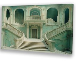 Verlaten trap in oude villa - Vergankelijkheid schilderij op canvas - Canvas trap - Klassieker - Schilderij vintage - Woonkamer accessoires - canvas 150x100 cm