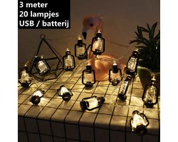Verlicht uw Avonturen-Kampeer-LED-sfeerverlichting in Olielampvorm - 3 Meter 20 Lampjes-Batterij + USB-model voor Dubbel Gebruik-zwart