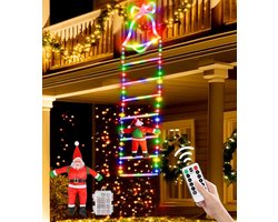 Verlichte Kerstdecoratie met 200 cm LED Sfeerlampen, Ladder en Kerstman - Batterij Aangedreven Buitenverlichting met 8 Verlichtingsstanden voor Feestelijke Thuisversiering