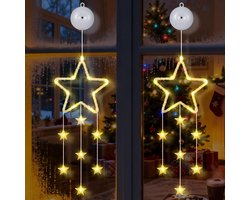 Verlichte kerstster raamdecoratie 61 cm, 2 stuks - Warmwitte kerstverlichting met zuignap en 7 hangende sterren per hanger - Oplaadbare LED raamverlichting met 8 lichtstanden en 6 uur timer voor kerst