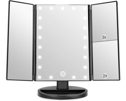 Verlichte Makeup Spiegel, 1 x / 2 x / 3 x vergroting, driedelige spiegel met 21 led-lampen, touchscreen-schakelaar, tafelspiegel met batterij en USB verkrijgbaar (zwart)