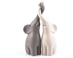 Verliefde Olifanten Set van 2 - Keramiek Dierenfiguur - Harmonisch Paar in Beige en Grijs - Tafeldecoratie voor Keuken - Badkamer - Woonkamer - Hoogte 25,5 cm
