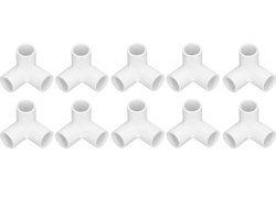 Verpakking van 10 3-weg 90 graden rechthoekige PVC-kunststofbuizen, 90 graden hoek, T-hoek, binnendiameter 20 mm, wit, voor waterleidingen, meubels en kassen
