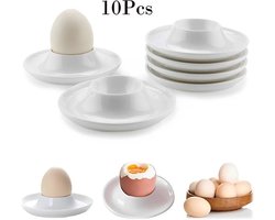 Verpakking van 10 eierdopjes, kunststof eierdopjes, klassiek wit, rond, stapelbaar, met brede rand, eierhouder, voor hard- en zachtgekookte eieren