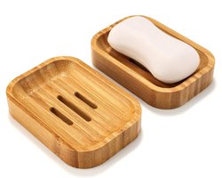 Verpakking van 2 zeepbakjes van natuurlijk hout en bamboe voor badkamer, keuken, sponzen en accessoires.