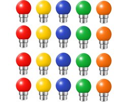 Verpakking van 20 LED-kleurenlampen B22 bajonetlampen 2W Rood, Geel, Oranje, Groen, Blauw, Onbreekbaar (20W equivalent)