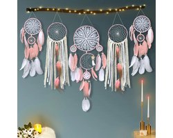 Verpakking van 5 handgemaakte dromenvangers, woondecoratie, dromenvangerhanger, windgong, veerhanger, binnenkwast (roze), geschikt als cadeau voor Kerstmis, jubilea en als alledaags cadeau.