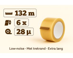 Verpakkingstape Extra Lang - Dozentape - Transparant PP Solvent - Inpak tape - 132 Meter x 50 mm - 6 rollen