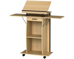 Verplaatsbare Spreektafel Laptoptafel Met Vouwbare Zijkanten, 2 Lades en Planken, 7 Hoekverstellingen, Stevig en Duurzaam Frame, Geschikt voor Thuiswerkplek en Vergaderruimtes 126x37x109,5-136 cm naturel
