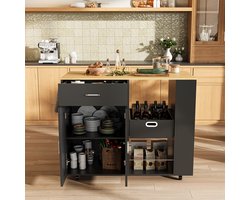 Verrijdbaar keukeneiland 102x46x92 cm, keukenkast met lade, 2 deuren, kruidenrek, open opbergruimte, buffetkast, servieskast, koffiebar, eikenlook blad, zwart