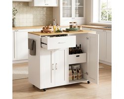 Verrijdbaar Keukeneiland, Klein Keukenkastje, Keukentrolley op Wielen, Dressoir Lades Voor Eetkamer, 3 Kruidenplanken, Opbergruimte Voor Veelgebruikte Spullen met Gemakkelijke Toegang (Wit)