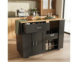 Verrijdbaar Keukeneiland, Klein Keukenkastje, Keukentrolley op Wielen, Dressoir Lades Voor Eetkamer, 3 Kruidenplanken, Opbergruimte Voor Veelgebruikte Spullen met Gemakkelijke Toegang (Zwart)