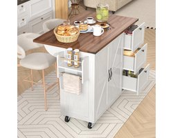 Verrijdbaar Keukeneiland met Uittrekbaar Werkblad en Veel Opbergruimte