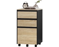 Verrijdbare archiefkast, kantoorkast, rolcontainer met 3 laden, 40x70x40 cm-licht eiken + zwart