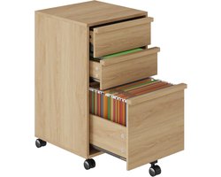Verrijdbare archiefkast met 3 lades, houten verrijdbare archiefkast voor thuiskantoor, printerrek voor onder het bureau met wieltjes, grote archieflade, 2 vergrendelbare zwenkwielen, naturel