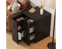 Verrijdbare Bijzetkast met 2 Schuifladen - Zwart Nachtkastje op Wieltjes - Boekenkast met 3 Niveaus - Compacte Opbergkast voor Kantoor & Woonkamer - Omkeerbaar