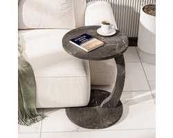 Verrijdbare Bijzettafel C-Vorm - Ronde Banktafel met Wieltjes - Laptoptafel - Koffietafel -Zwart en Marmer - Luxe Design