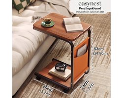 Verrijdbare Bijzettafel met Opbergnet – C-Vormige Roltafel met Houten Blad & Zwenkwielen – Banktafel en Nachtkastje – Smalle Zijtafel voor Bank, Bed & Fauteuil – Metalen Frame – Woonkamer & Slaapkamer