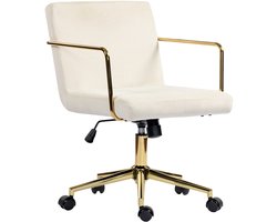 Verrijdbare bureaustoel met gouden accenten - computerstoel met metalen onderstel - stoffen bekleding in fluweellook - crèmewit