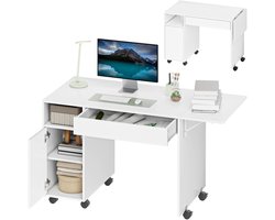 Verrijdbare computertafel, opklapbaar bureau met kast en lade, spaanplaat, wit