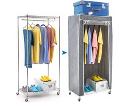 Verrijdbare Garderobekast met Stalen Frame, 2 Planken en Afneembare Stoffen Hoes