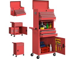 Verrijdbare gereedschapskast - 6 lades - 2 kasten - Vergrendelbaar - Stalen constructie - Rood