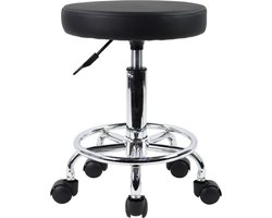 Verrijdbare kruk, in hoogte verstelbare, draaibare barkruk, werkkruk van imitatieleer, bureaukruk, zwart