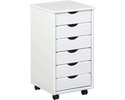 Verrijdbare ladekast - 6 laden - Wit - Massief grenen - 1 stuk