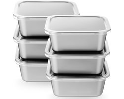 Vershoudbakjes Set - 6 Stuks - Gemakkelijk te openen en lekvrij - RVS Snackbox - Lunchboxen - Lunchbox - Luchtdicht - Kleine voedseldozen met deksel - Serveerschalenset - Voor buiten, picknicks, werk - 13.5*5*10.5CM - Zilver