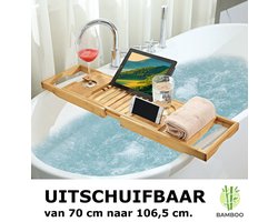 Verstelbaar bamboe badrekje voor over bad – 70 tot 106,5 cm lang – Badplank / badbrug geschikt voor telefoon, tablet, boek – Bad tafeltje van hout