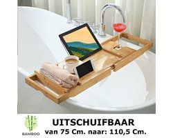 Verstelbaar bamboe badrekje voor over bad – 75 tot 110 cm lang – Badplank / badbrug geschikt voor telefoon, tablet, boek – Bad tafeltje van hout