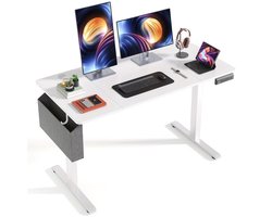 Verstelbaar E-Sports Bureau – Gaming Bureau – Werkplek – Computer Bureau – Kantoorbureau – Wit – Houten Tafelblad – Metalen Frame – Opbergtas & Haken – Ergonomisch & Stabiel
