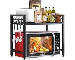 Verstelbaar Magnetron Rek - 2-Laags Keukenopberging - met Haken - Zwart - Koolstofstaal