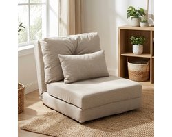 Verstelbare 1-persoons Loungestoel Bed – Opklapbare Relaxstoel met 5-Standen Rugleuning en 2 Kussens – Slaapbank / Chaise Longue voor Woonkamer & Logeerkamer (Beige Linnen) – Ganeey