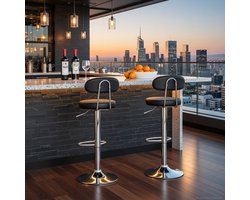 Verstelbare Barkrukken Set van 2 – 360° Draaibare Barstoelen met Rugleuning en Voetensteun – PU Zitting Gevoerd met Schuim – Keukenstoelen met Verchroomd Stalen Frame – Zwart/Wit/Beige – Hoogte Verstelbaar, Ergonomisch Comfort Casa Serena