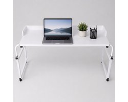 Verstelbare Bedtafel op Wielen - Laptoptafel voor Bed, Overbedtafel met Rand, Hoogte Verstelbaar 65-95 cm, 140x50 cm, Voor Bedden tot 220 cm - IJs Wit
