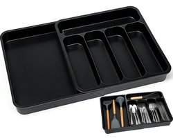 Verstelbare Bestekbak - Uitschuifbaar Bestekbak - Keukenlade-organizer - 32.5/53 x 34.5 x 5.5 cm - Bestek opbergdoos - Besteklade Organizer - Keukenlade Bestek Organiser - Bestekhouder Keuken - Ladeverdeler - Voor Lepels, Vorken, Messen - Zwart
