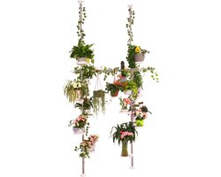 Verstelbare Binnen Plant Standaard Dubbele Spanning Paal RVS Bloem Display Rekken Houder Hoek Opslag Planken met 12 Lade, 2 Haken en 1 Telescoop Kleding Droogstaaf