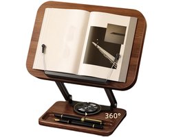 Verstelbare boekenstandaard en boekenhouder met 360° rotatie, in hoogte verstelbare leesstandaard met uitschuifbare paginaklemmen en mini-opbergvak — Premium houten kookboekhouder voor dikke boeken, studie en kantoor