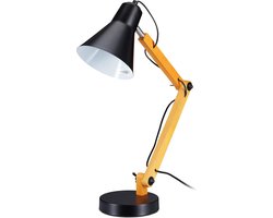 Verstelbare bureaulamp met retro houten scharnierarm en draaibare kap - E27 tafellamp zwart/oranje